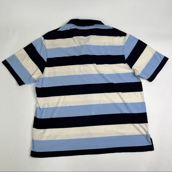 DENVER Hayes Navy Blue & Cream Wide Striped Pocket Collar Soft Short Sleeve Polo - Picture 3 of 5
